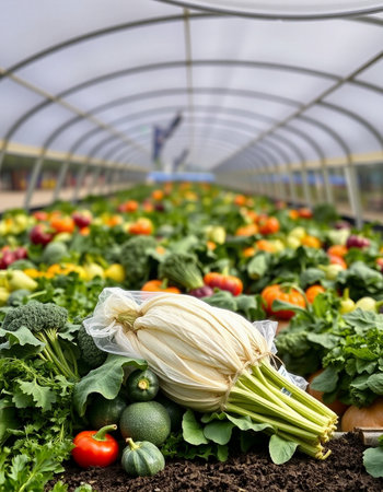 Organic vegetables in a greenhouse, closeup of photo. Selective focusの写真素材