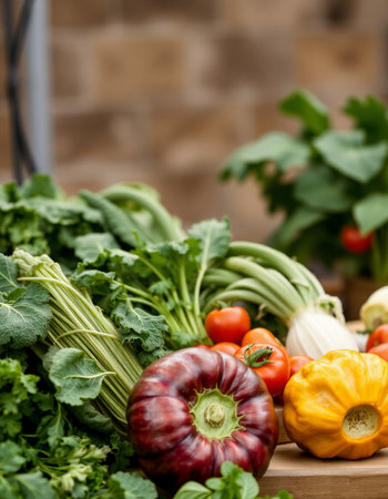 Variety of fresh organic vegetables in the garden. Healthy food concept.