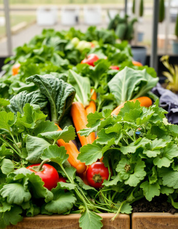 Fresh organic vegetables in a greenhouse, close-up, selective focusの写真素材