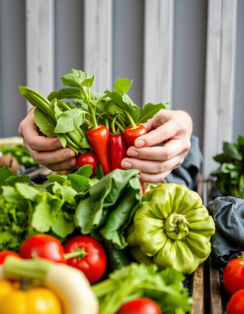 Hands of a young woman holding a bunch of fresh vegetables.