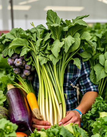 Harvest of fresh vegetables in the hands of a farmer. Selective focus.の写真素材