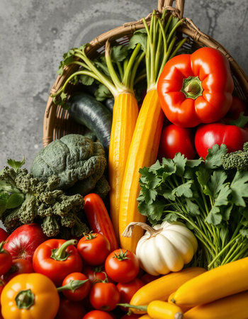 Variety of fresh organic vegetables in a wicker basket on concrete background