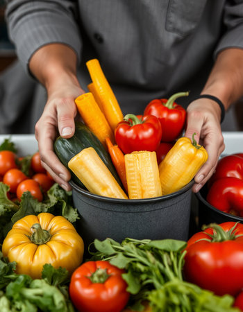 Closeup of woman hands holding bucket full of fresh vegetables. Healthy eating concept