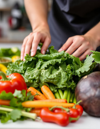 young woman in apron preparing vegetable salad in the kitchen, closeupの写真素材