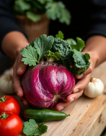 Close-up of female hands holding fresh organic vegetables on wooden table