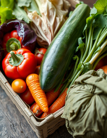 Fresh vegetables in a basket on a wooden background. Selective focus.の写真素材