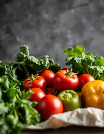 Variety of fresh vegetables in a paper bag on a dark background