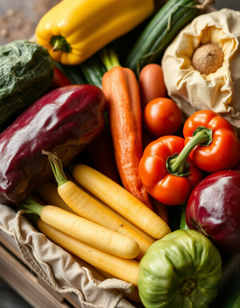 Box with different fresh organic vegetables on grey table, closeup viewの写真素材