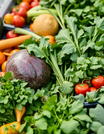 Variety of fresh organic vegetables and fruits at the local farmers market