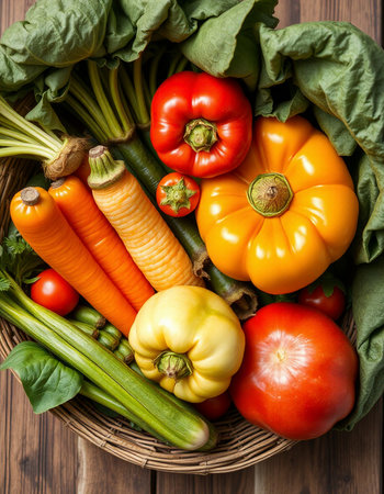 Fresh vegetables in a basket on a wooden background. Top view.の写真素材