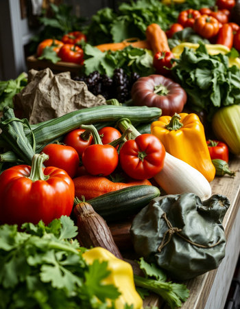 Assortment of fresh organic vegetables in wooden box. Healthy food backgroundの写真素材