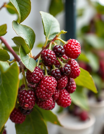 Ripe blackberries on a branch with green leaves in the garden