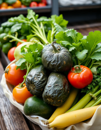 vegetables in a basket on a wooden background, close up