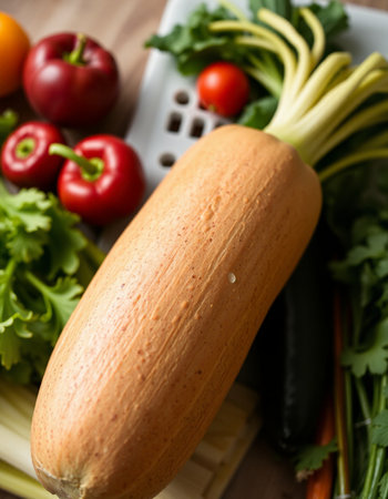 Fresh vegetables on wooden table, close-up. Healthy food conceptの写真素材