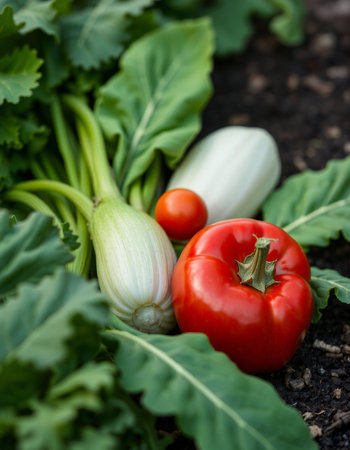 Vegetables on the ground in the garden. Healthy food.の写真素材