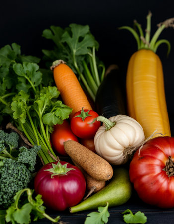 Fresh vegetables on a black background. Healthy food. Vegetarianism.の写真素材