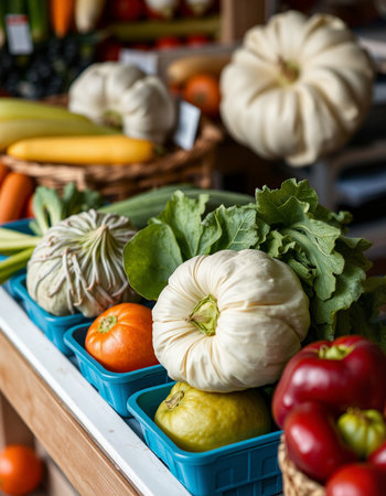 Variety of fresh vegetables in boxes on the market counter, close upの写真素材