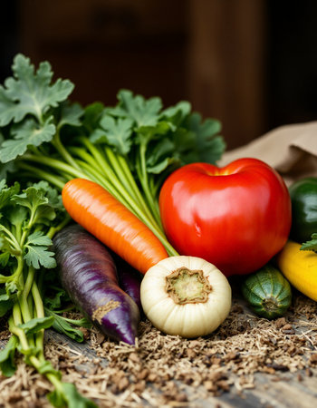 Fresh organic vegetables on wooden background. Healthy food concept. Selective focus.の写真素材