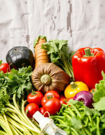 Variety of fresh organic vegetables on wooden background. Healthy food concept.の写真素材