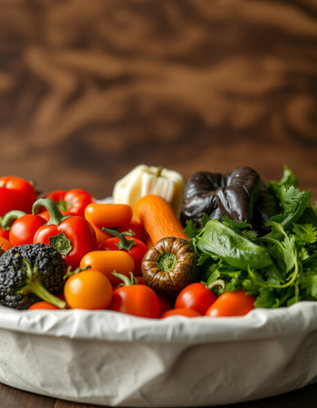 Fresh vegetables in a bowl on a wooden background. Selective focus.の写真素材