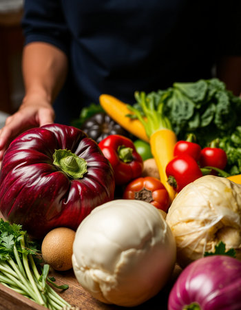 Close-up of a person's hands holding a basket full of fresh vegetablesの写真素材