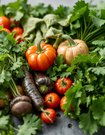 Variety of fresh organic vegetables on dark background. Healthy food concept.の写真素材