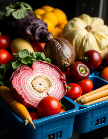 Fresh vegetables in a blue plastic basket on a dark wooden background.の写真素材