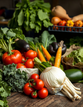 Composition with variety of organic vegetables on wooden table, closeupの写真素材