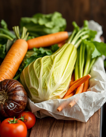 Fresh organic vegetables on a wooden background. Healthy food. Selective focus.の写真素材