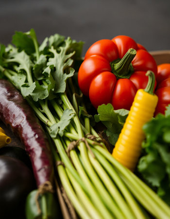 Close up of assorted fresh organic vegetables on dark background. Healthy eating concept.の写真素材