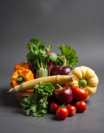 Fresh vegetables in a basket on a gray background. Healthy food.の写真素材