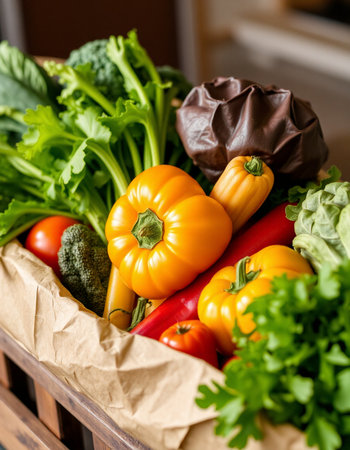 Fresh vegetables in a wooden box. Healthy eating concept. Selective focus.の写真素材