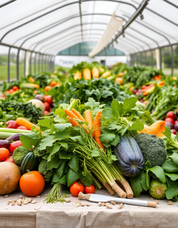 Organic vegetables on a table in a greenhouse. Selective focus.の写真素材