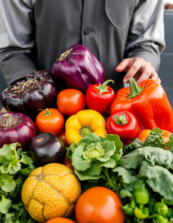 Close-up of a man holding a basket full of fresh vegetablesの写真素材