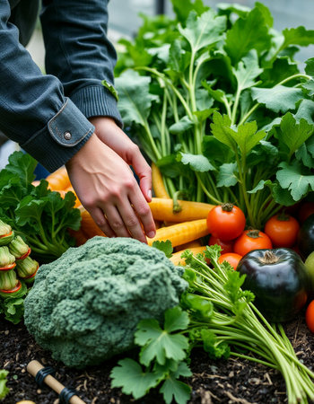 Close-up of woman's hands picking fresh vegetables from the gardenの写真素材