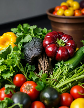 Variety of fresh organic vegetables on black background. Healthy food concept.の写真素材