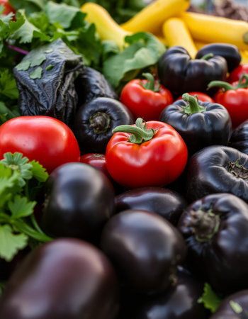 Fresh organic tomatoes and eggplants with parsley, close upの写真素材