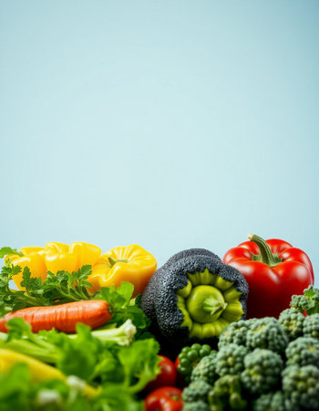 Vegetables on blue background with copy space. Healthy food concept.の写真素材