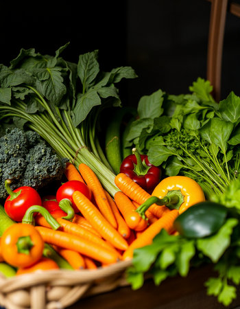 Fresh vegetables in a wicker basket on a dark background. Selective focus.の写真素材
