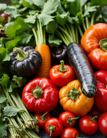 Variety of fresh organic vegetables on dark background. Healthy food concept.