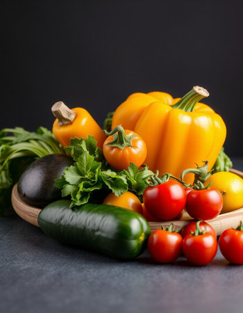 Variety of fresh vegetables on a dark background. Healthy food concept.の写真素材