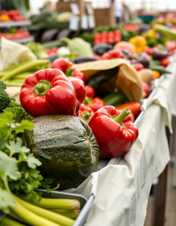 Variety of fresh vegetables and fruits at a farmers market stall.