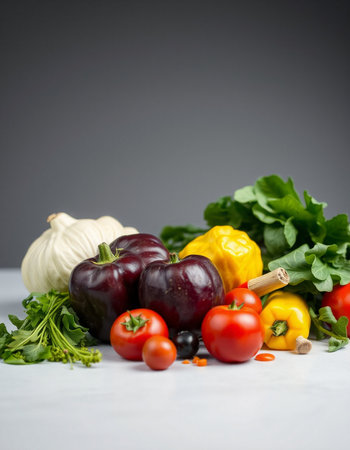 Fresh vegetables on a white table. Isolated on a gray background.