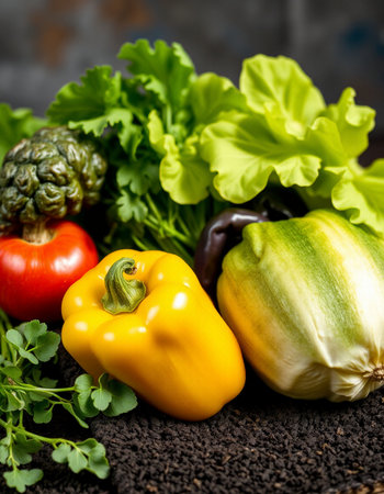 Composition with variety of fresh organic vegetables on wooden table. Food background.の写真素材