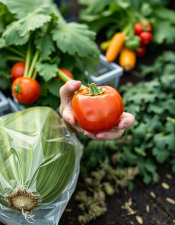 Fresh organic vegetables in a plastic bag in the hands of a farmer
