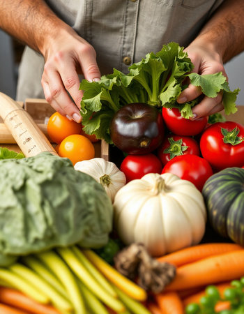 Closeup on male hands holding fresh vegetables, isolated on grey backgroundの写真素材