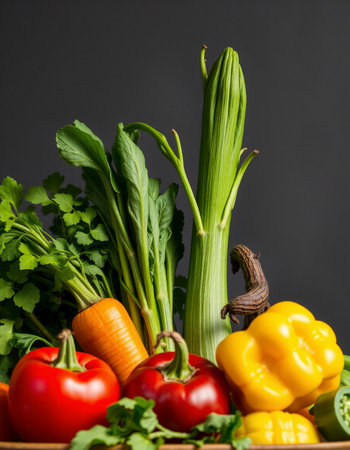 Bunch of fresh organic vegetables on black background. Healthy food concept.の写真素材