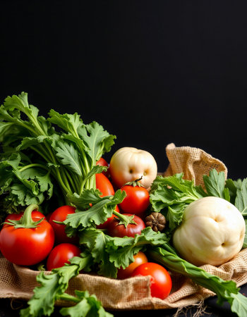 Fresh vegetables in a bag on a black background. Healthy food.の写真素材