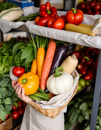 Close-up of a woman holding a basket full of fresh vegetablesの写真素材