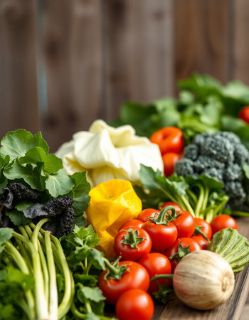 Fresh vegetables on wooden background. Healthy food concept. Selective focus.の写真素材